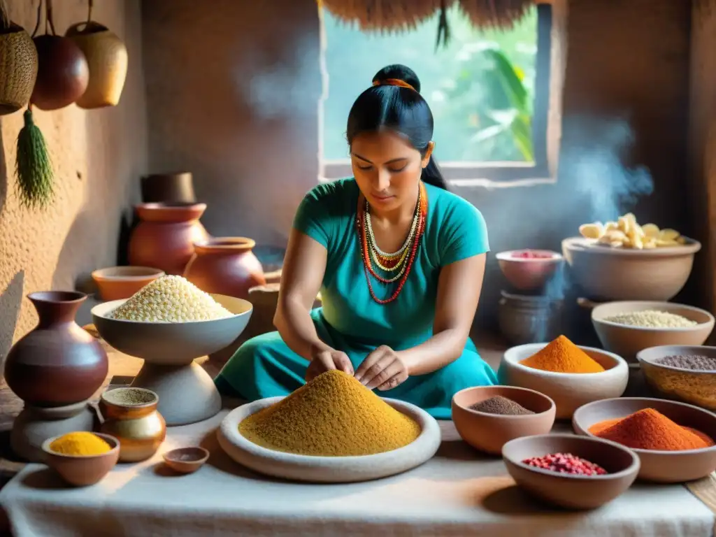 Una mujer maya preparando recetas tradicionales en cocina de piedra y barro, rodeada de ingredientes y textiles vibrantes