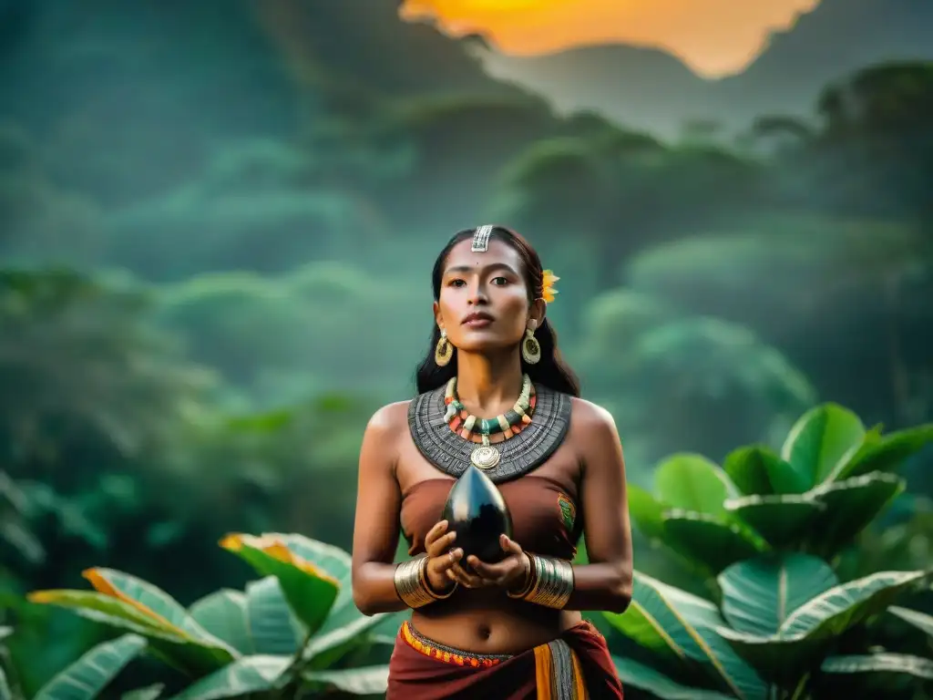 Maya ritual con cacao y obsidiana en la jungla Una mujer maya en ritual con cacao y obsidiana, simbolizando la dualidad bien-mal