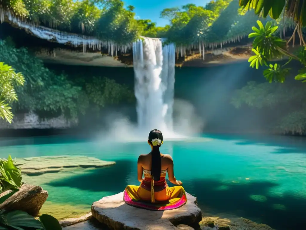 Una mujer maya realiza un ritual de purificación en un cenote, reflejando la importancia del aseo personal en la cultura maya