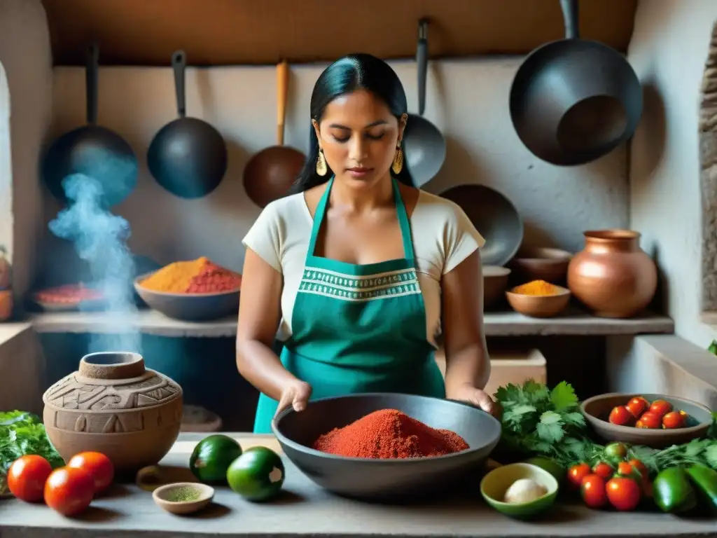 Una mujer maya prepara salsa picante tradicional en cocina detallada