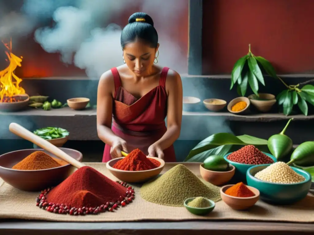 Una mujer maya muele semillas de achiote en un metate y mano, rodeada de ingredientes tradicionales