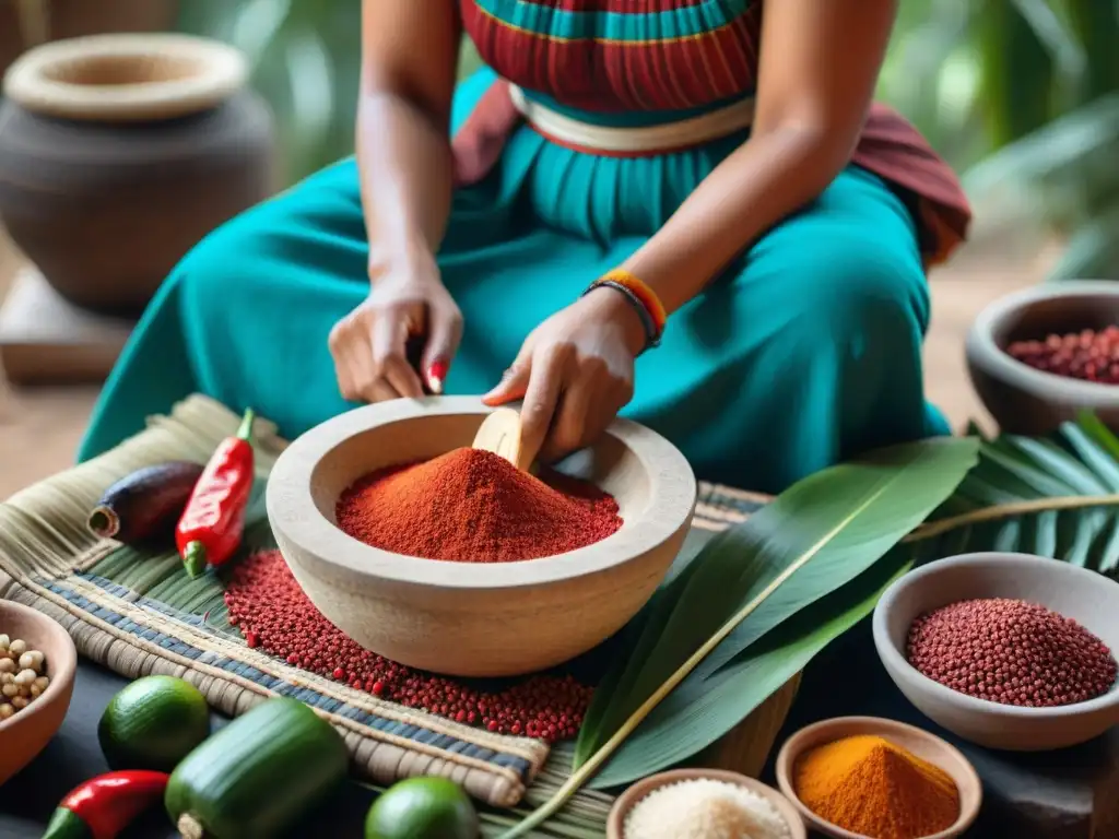 Una mujer maya muele semillas de achiote rojo en metate de piedra rodeada de ingredientes indígenas en cestas de palma tejida