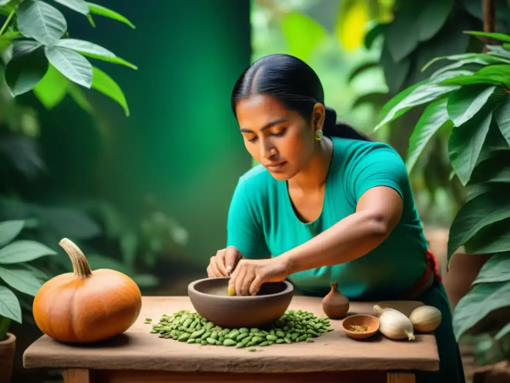 Una mujer maya muele semillas de calabaza en un metate, rodeada de plantas y cerámica, preparando atole de semillas de calabaza maya