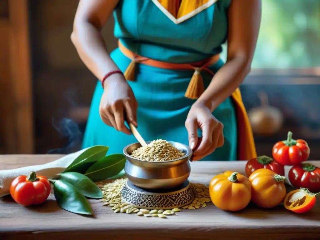 Una mujer maya preparando Sikil P'aak con ingredientes vibrantes en una mesa rústica