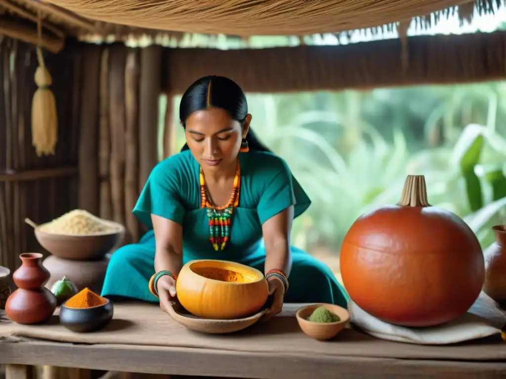 Una mujer maya talla una calabaza con símbolos, rodeada de ingredientes autóctonos en una cocina tradicional