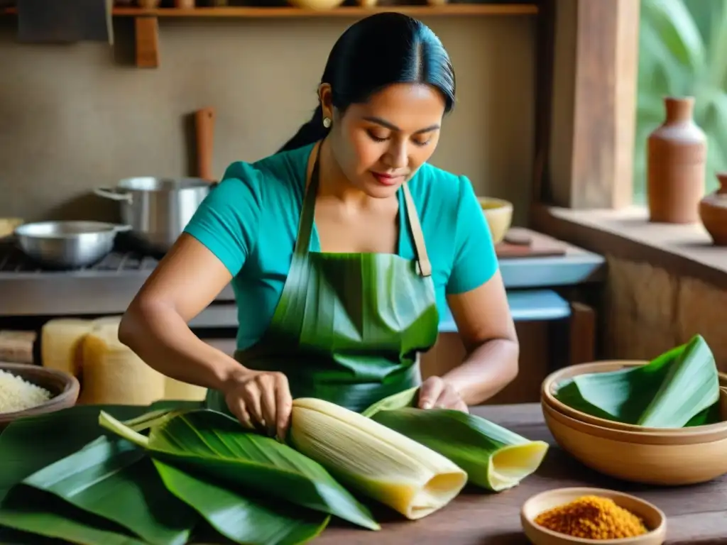 Una mujer maya elaborando tamales con ingredientes auténticos en una cocina rústica, mostrando la variedad de tamales mayas