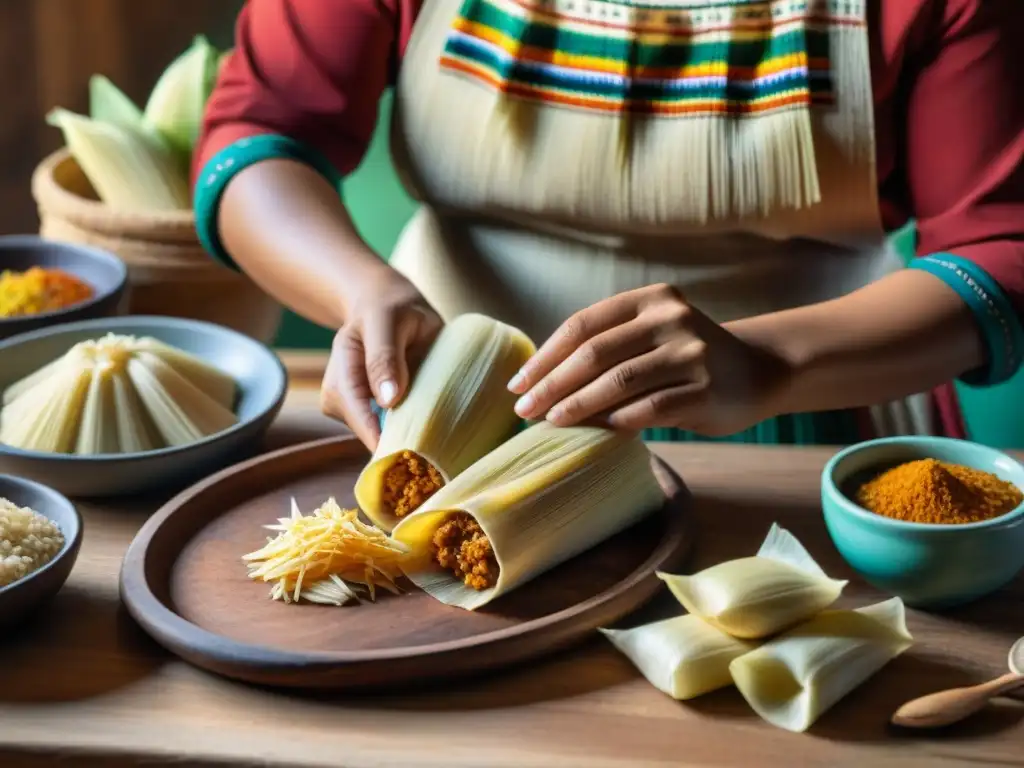 Una mujer maya preparando tamales con técnicas ancestrales en una cocina tradicional, rodeada de ingredientes vibrantes