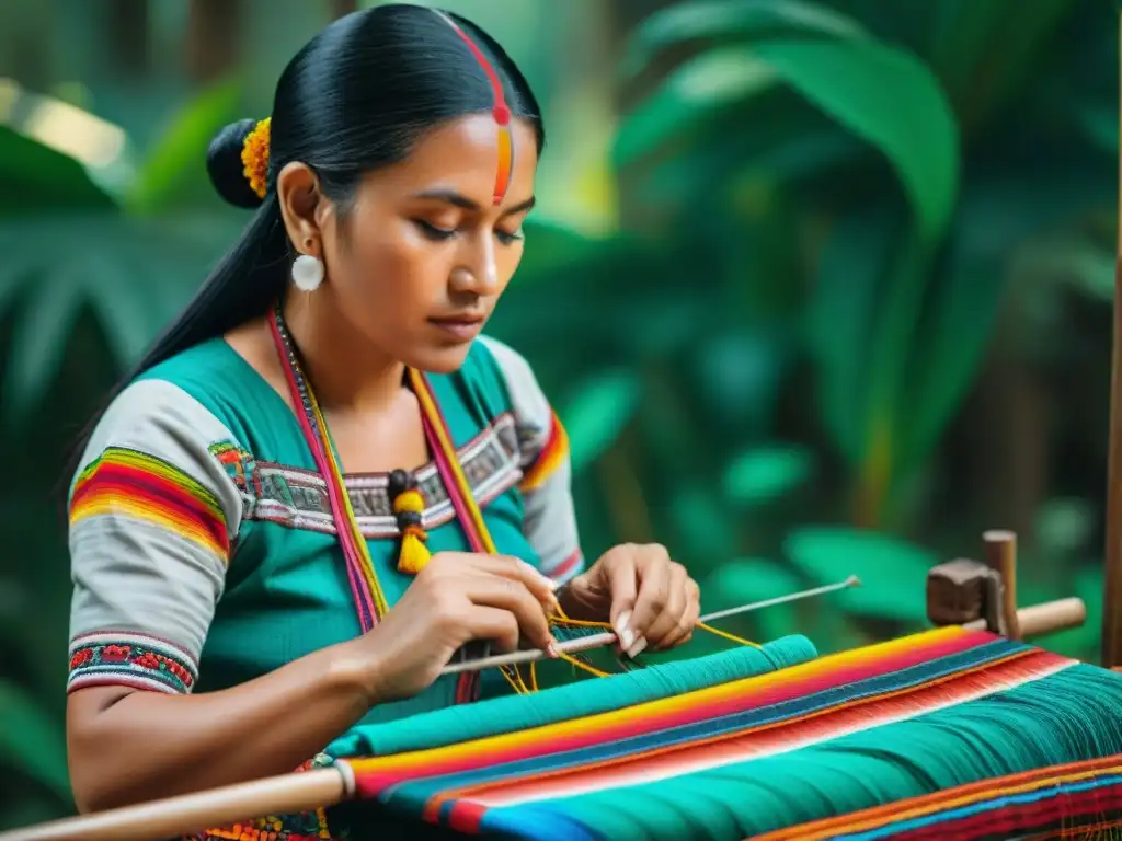 Una mujer maya teje expertamente en un telar de cintura, rodeada de textiles y artefactos históricos, en la selva