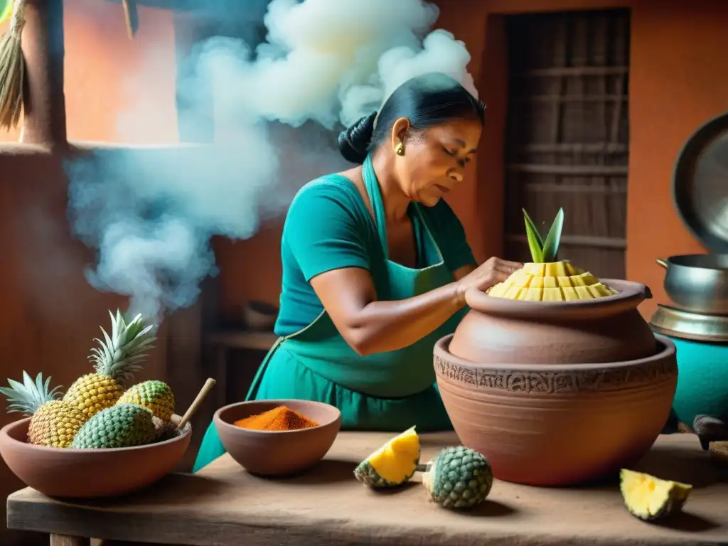 Una mujer maya prepara tepache en su cocina rústica con ingredientes tradicionales