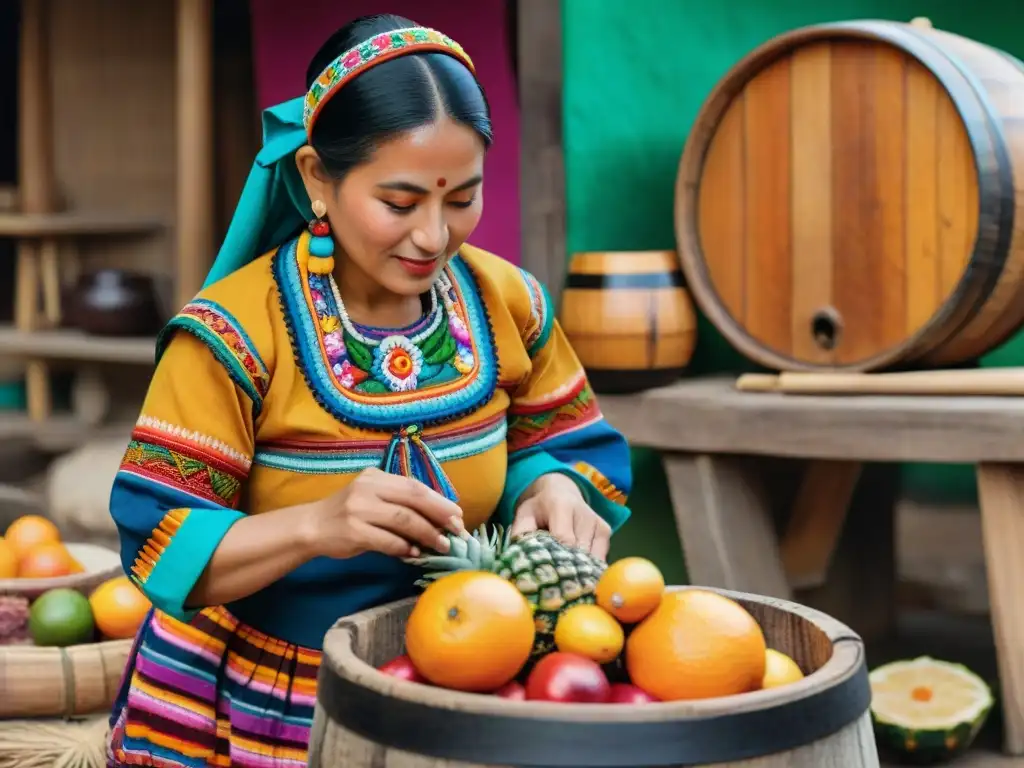 Una mujer maya prepara tepache con frutas en un barril de madera