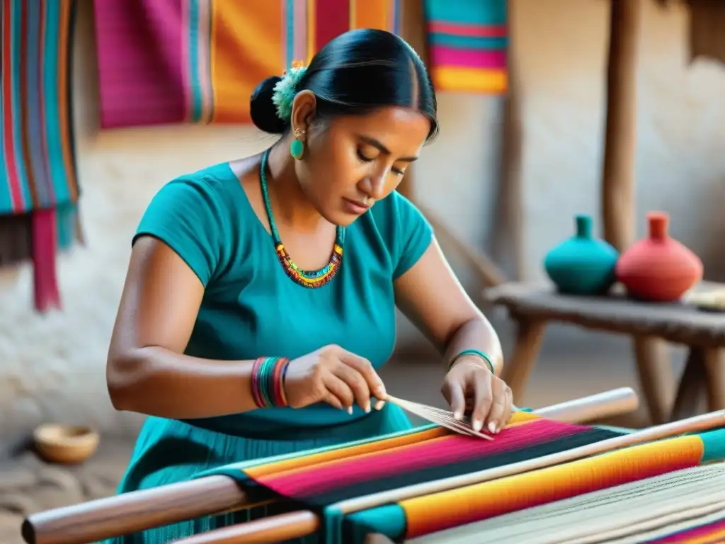 Una mujer maya teje un textil vibrante en telar de cintura, rodeada de símbolos y patrones que narran la historia y cultura maya