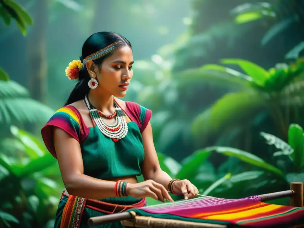 Una mujer maya teje textiles coloridos en la selva, mostrando roles de la mujer maya