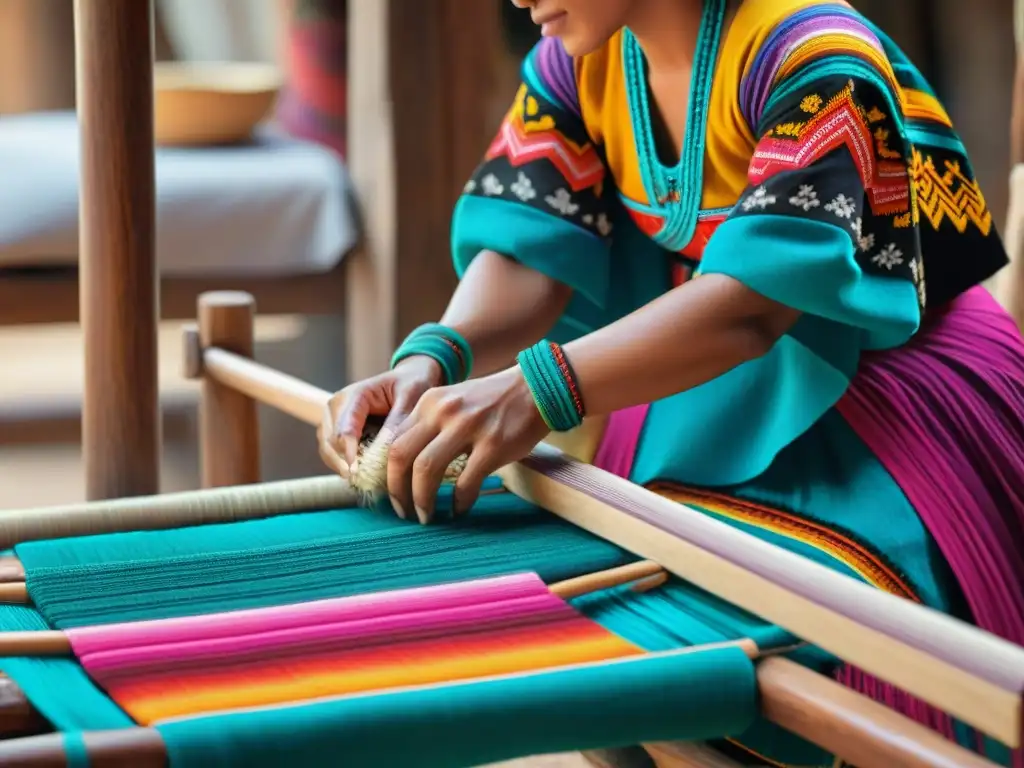 Una mujer maya teje textiles coloridos en telar de madera en un mercado bullicioso