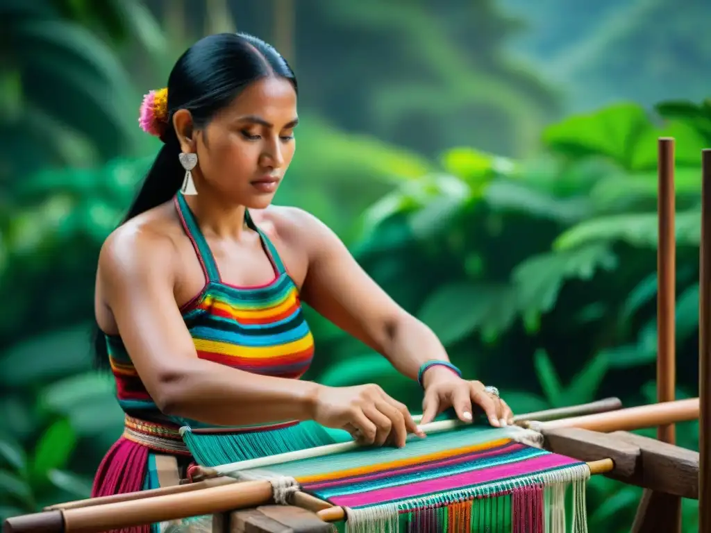 Una mujer maya tejiendo textiles tradicionales en telar de cintura, rodeada de colores vibrantes en la jungla