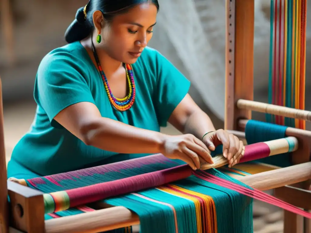 Una mujer maya teje textiles tradicionales con tecnología textil maya innovadora