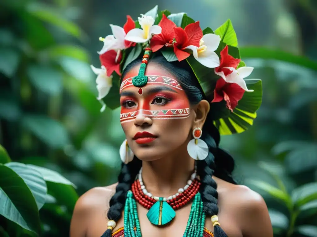 Una mujer maya con tocado de flores, destaca la botánica decorativa ritual mayas en la selva iluminada