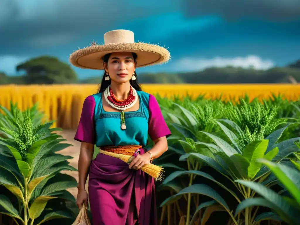 Una mujer Maya tradicional cosechando quinoa y amaranto bajo el sol yucateco, rodeada de ruinas y vegetación exuberante