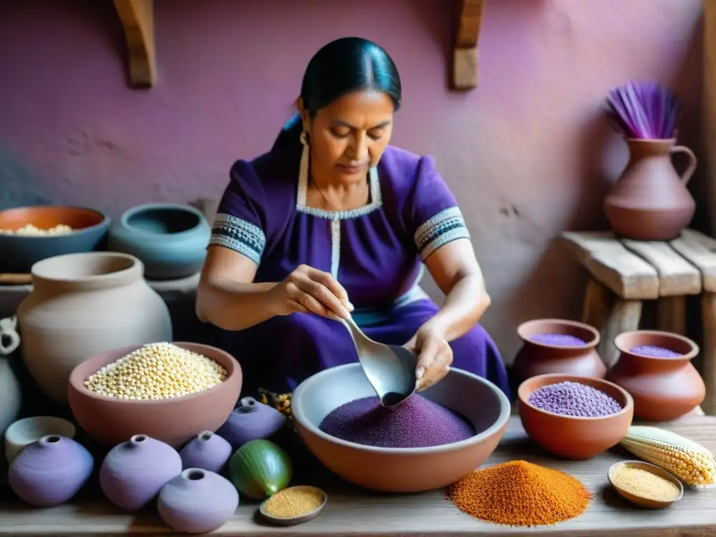 Una mujer maya tradicional preparando atole maíz morado en cocina rústica, reflejando la tradición y cultura