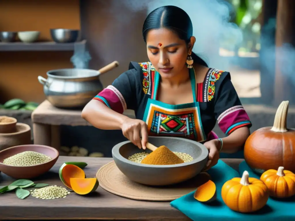 Una mujer maya tradicional prepara atole de semillas de calabaza en un metate de piedra, mostrando su herencia cultural