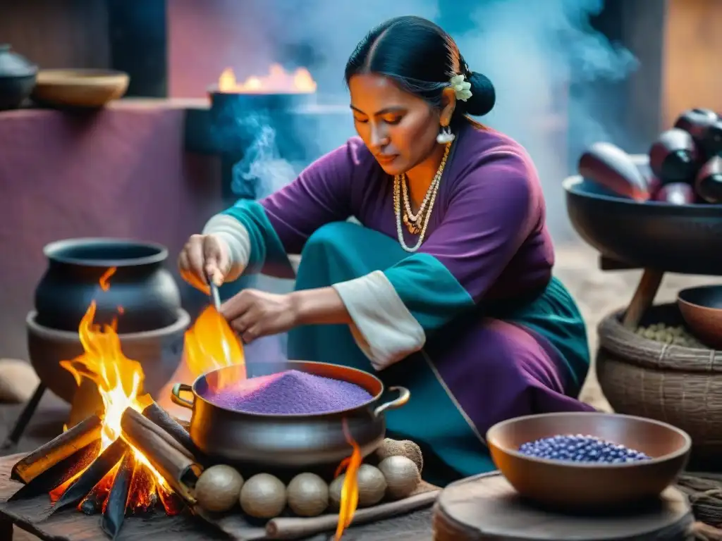 Una mujer maya tradicional preparando atole de maíz morado sobre fogón