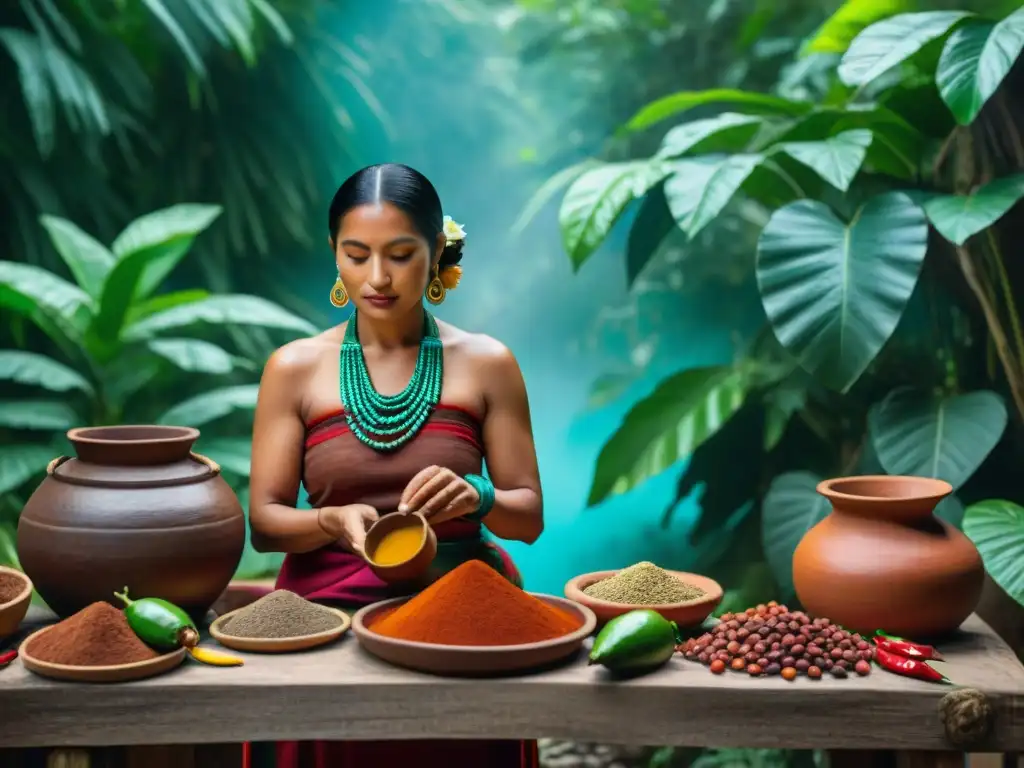 Una mujer maya tradicional fermenta cacao con técnicas ancestrales en la selva, destacando las técnicas de fermentación alimentos mayas