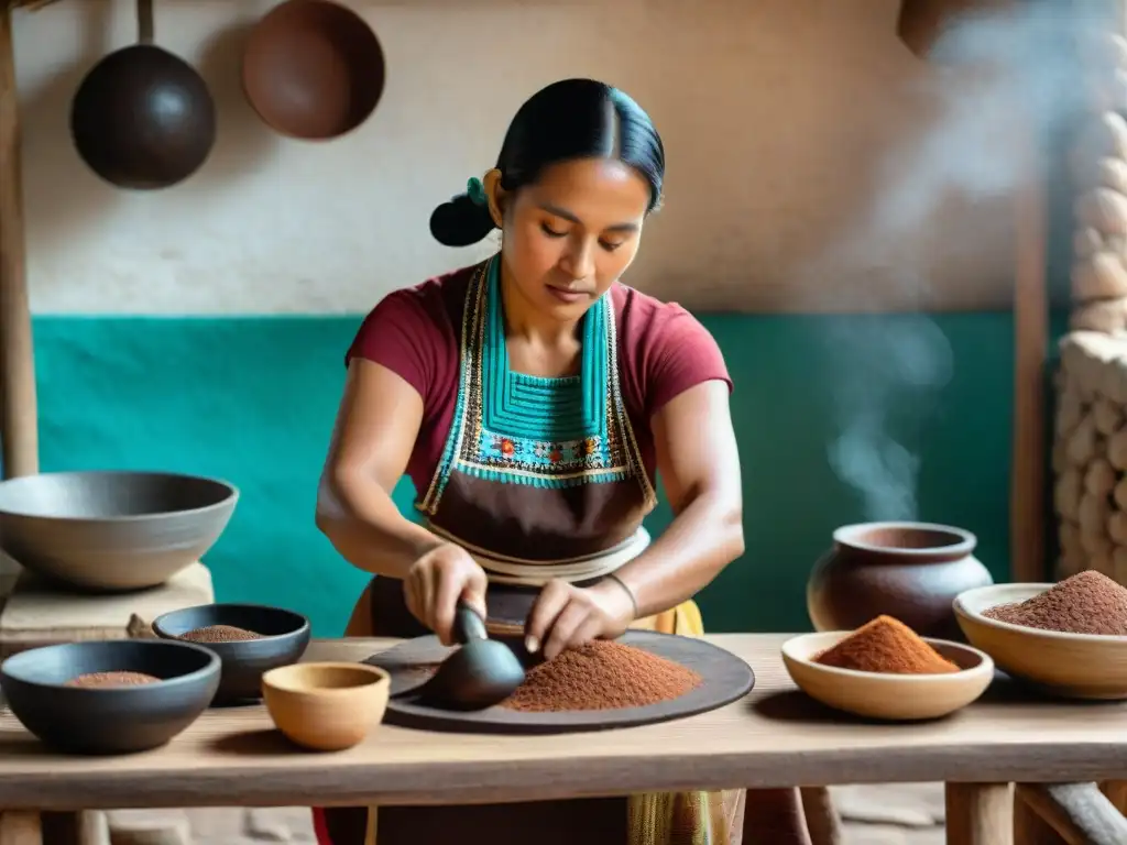 Maya preparando auténtico Pozol con cacao en cocina tradicional Una mujer maya tradicional muele cacao en un metate, destacando la importancia de la bebida energética ancestral