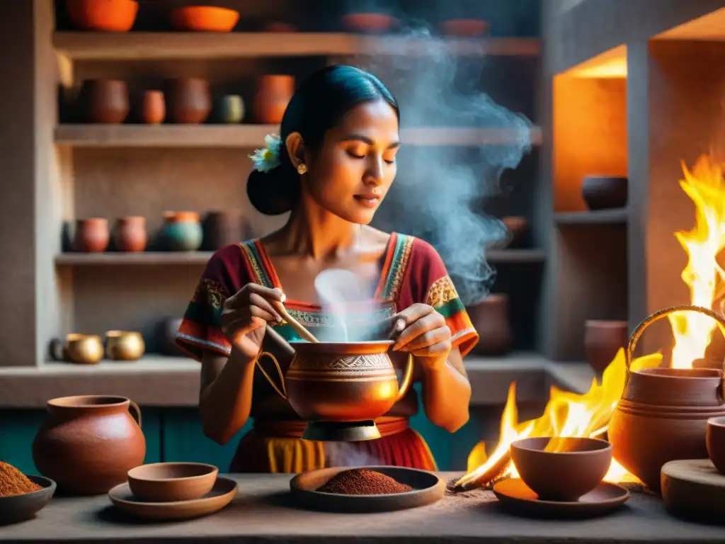 Una mujer maya tradicional preparando cacao en una cocina atmosférica con mugs coloridos y pergaminos antiguos