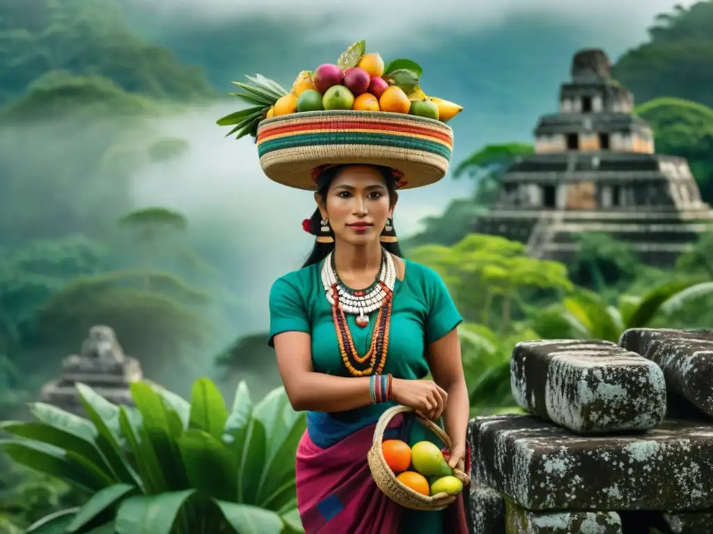 Una mujer maya tradicional equilibra una cesta de frutas en la cabeza en la selva