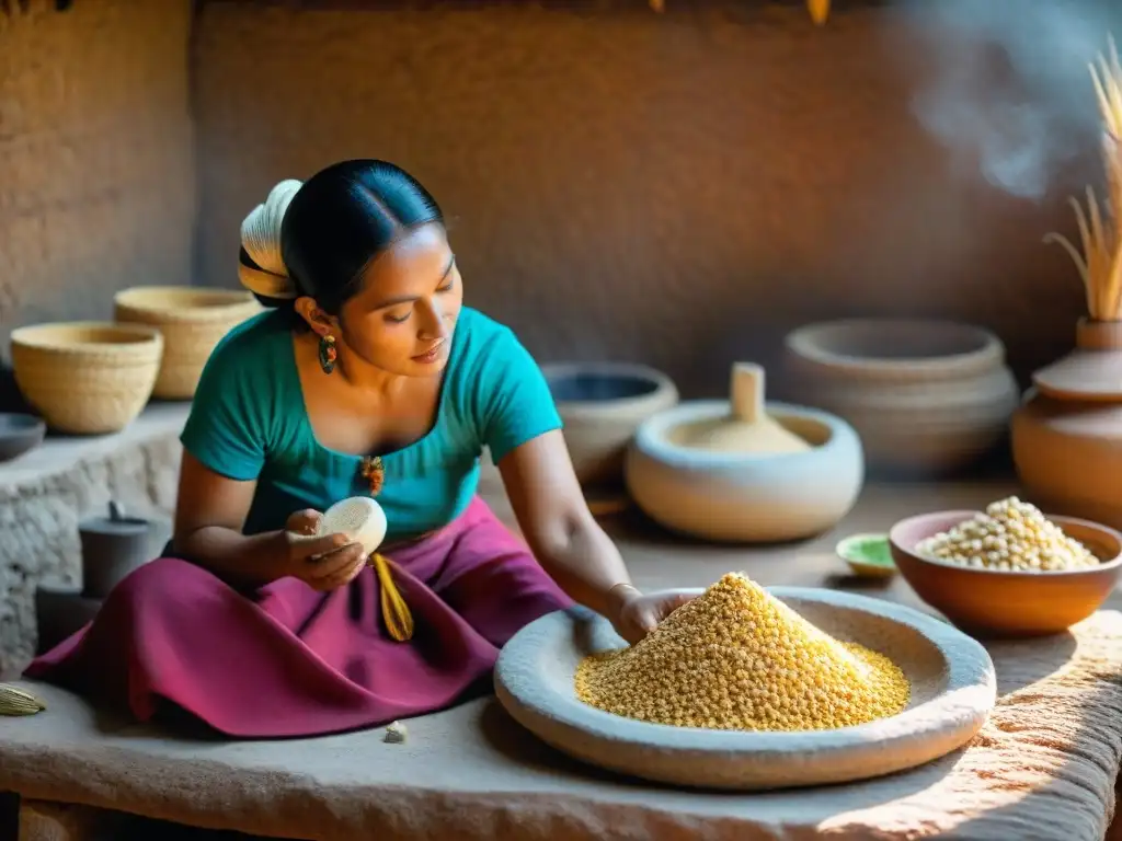 Una mujer maya tradicional transformando maíz en dieta maya, rodeada de textiles coloridos y un hogar de barro