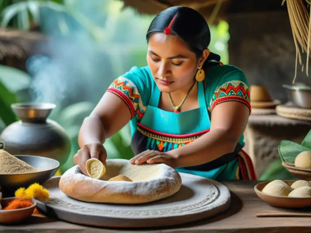 Una mujer maya tradicional experta horneando misterioso pan maya en la jungla