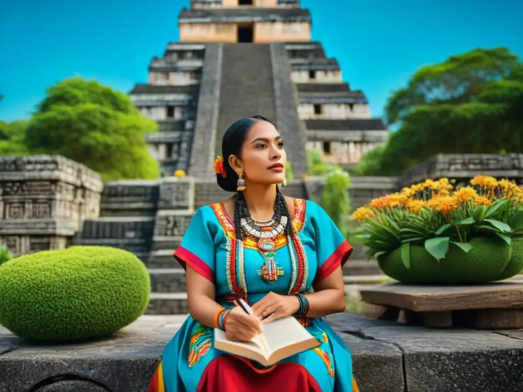 Una mujer maya tradicional frente a un templo antiguo, con un libro en lenguaje maya, entre flores tropicales