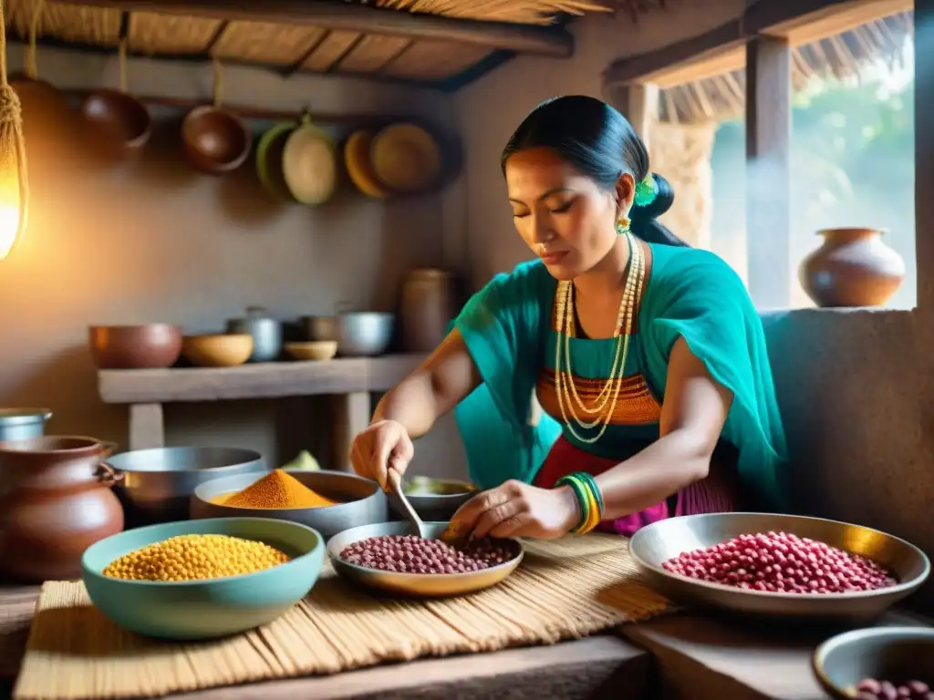 Una mujer maya tradicional preparando frijoles con destreza en una cocina rústica, resaltando la importancia de los frijoles mayas