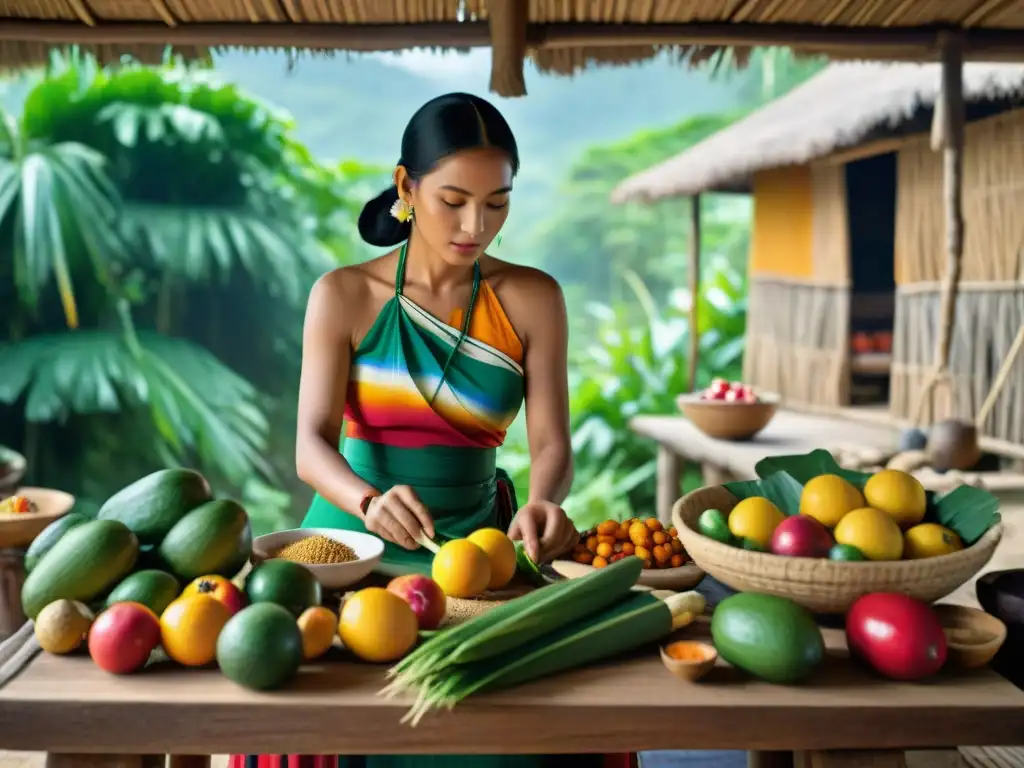 Una mujer maya tradicional preparando frutas y verduras en una mesa rústica, con la selva de fondo