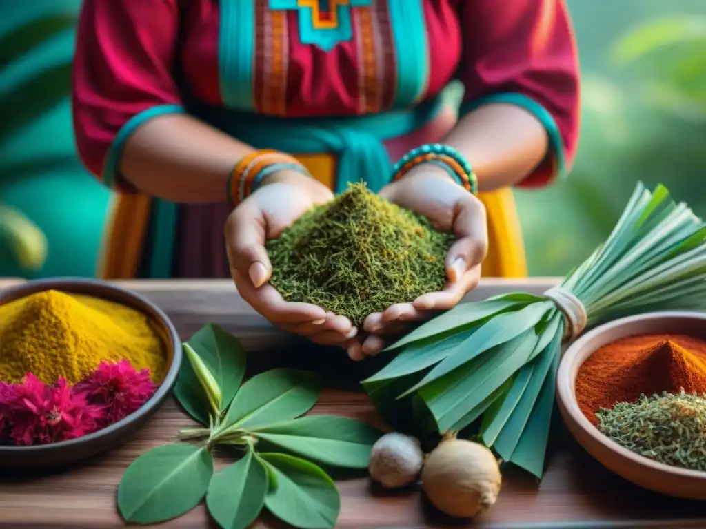 Una mujer maya tradicional selecciona y prepara hierbas para tés mayas, resaltando la riqueza cultural y los Beneficios de los tés mayas