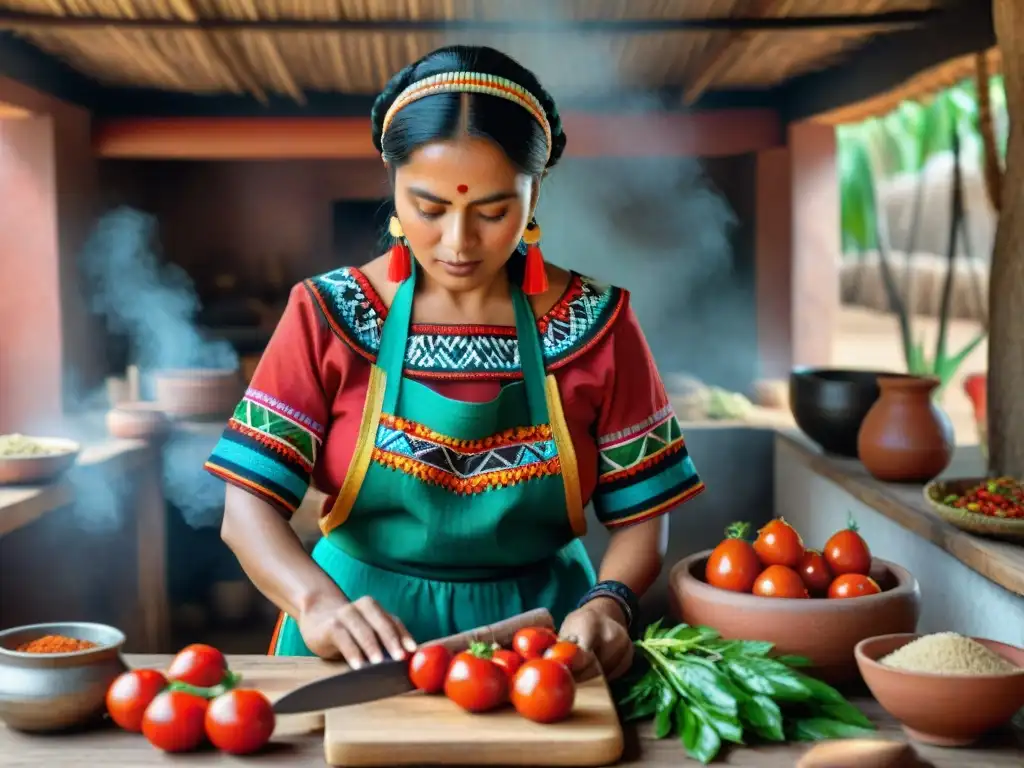 Una mujer maya tradicional cortando ingredientes para la salsa picante maya tradicional en una cocina rústica