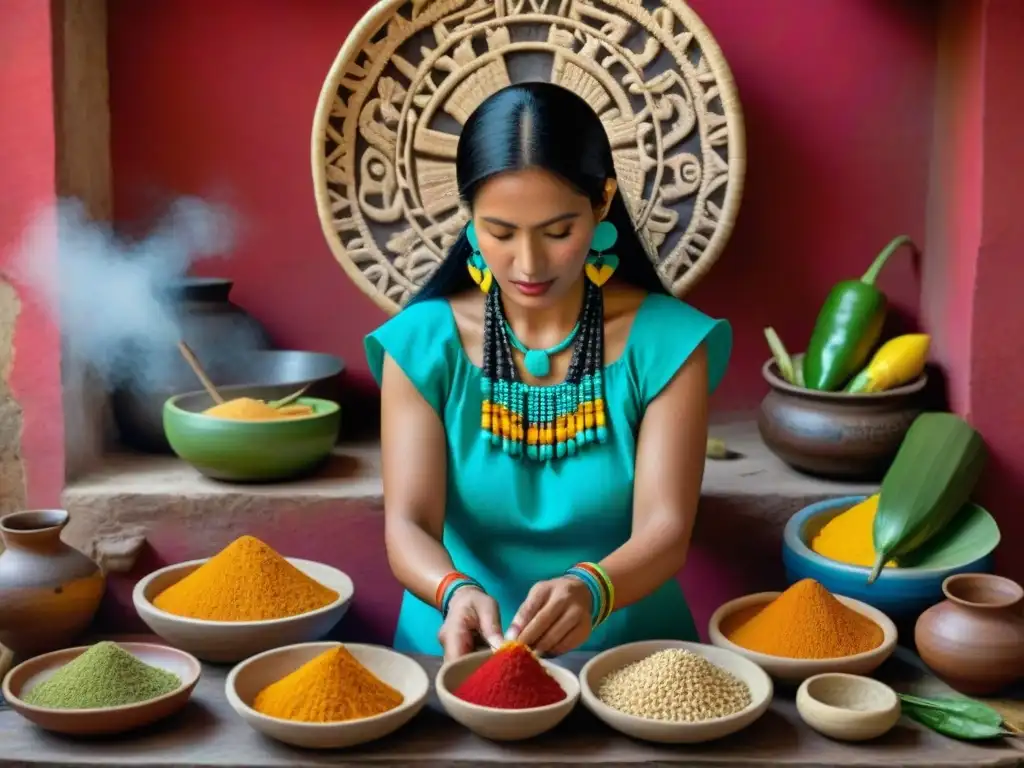 Una mujer maya tradicional preparando ingredientes coloridos como maíz y cacao