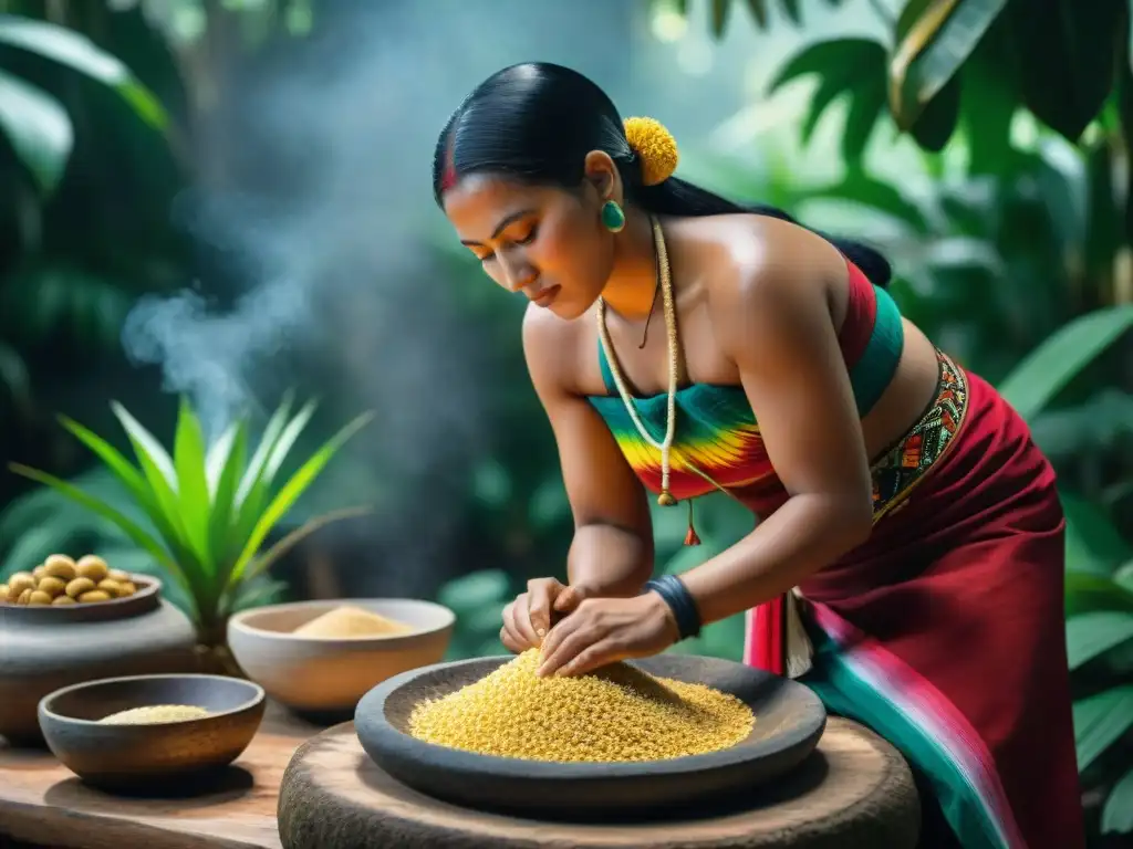 Una mujer maya tradicional preparando Saká en metate con maíz