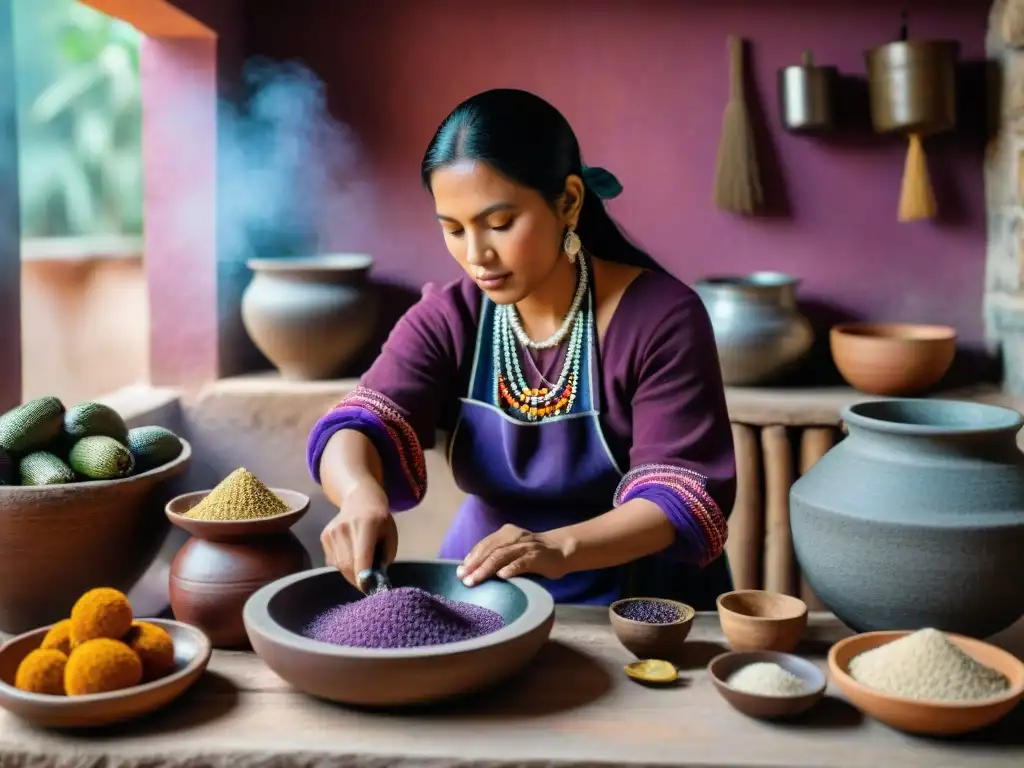 Una mujer maya tradicional muele maíz morado en un metate de piedra para preparar atole, en una cocina rústica