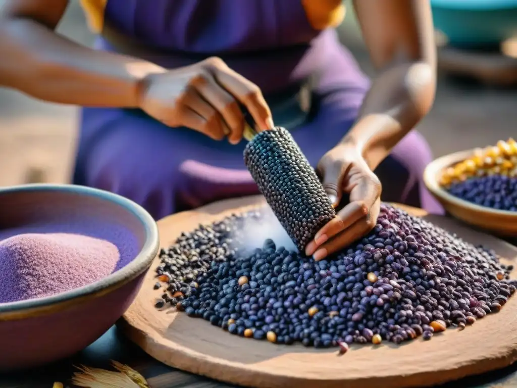 Una mujer maya viste atuendo tradicional mientras muele maíz morado para preparar atole