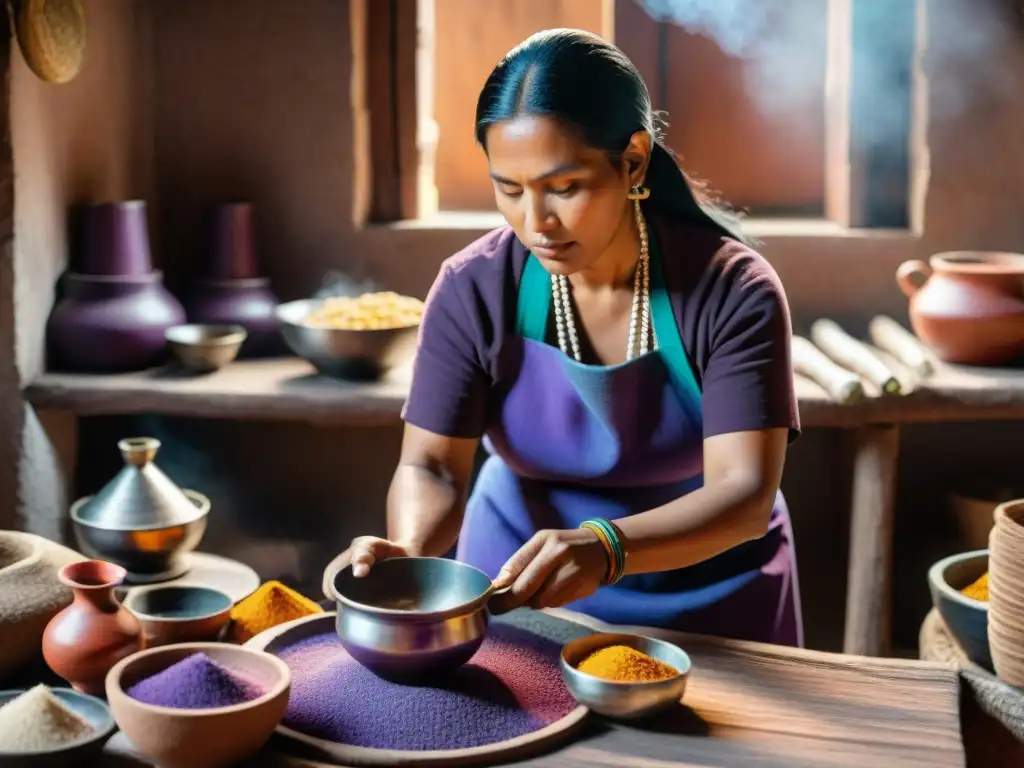 Una mujer maya tradicional muele maíz morado para atole en una cocina rústica, resaltando la cultura y tradición