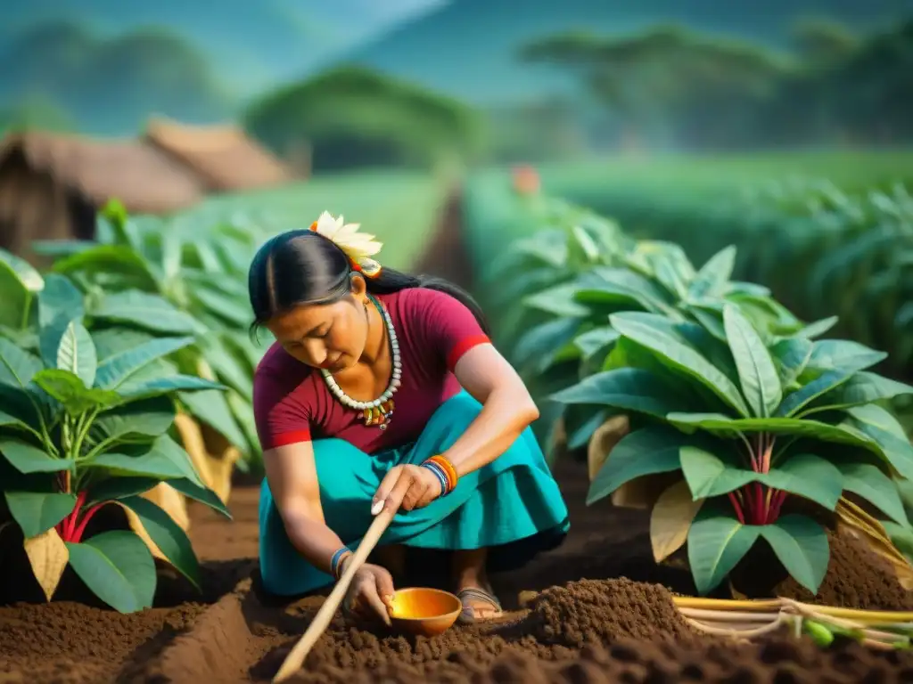 Una mujer maya tradicional planta frijoles en tierra fértil bajo el sol brillante