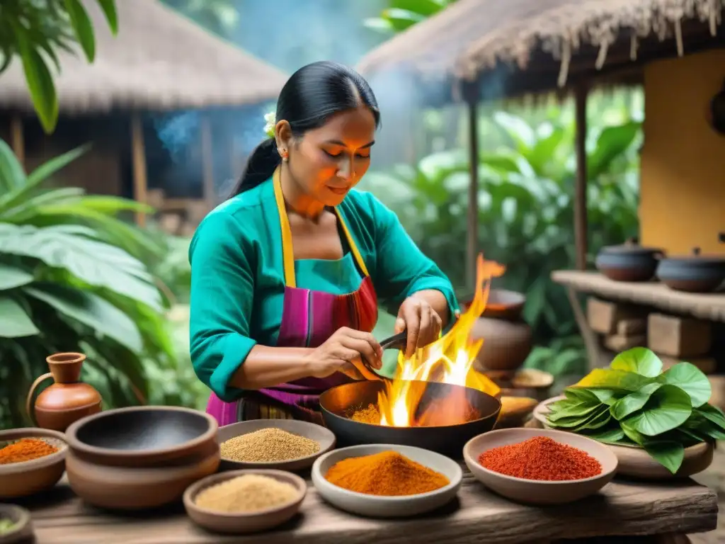 Una mujer Maya tradicional preparando platos coloridos en una cocina al aire libre rodeada de exuberante vegetación tropical