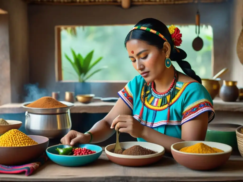 Una mujer maya tradicional prepara platos auténticos con maíz, chiles y cacao