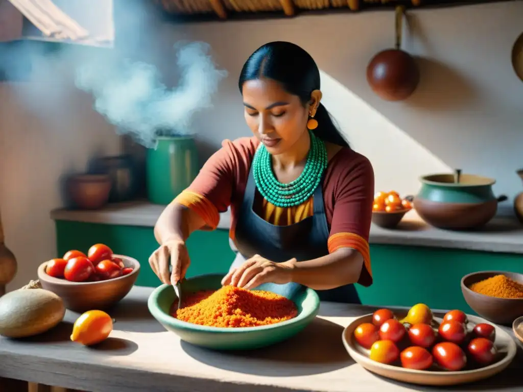 Una mujer maya tradicional preparando salsa picante en cocina rústica