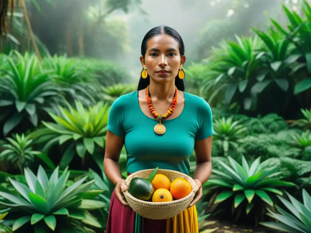 Una mujer Maya tradicional en la selva con alimentos medicinales de la dieta maya