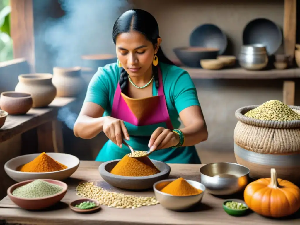 Una mujer Maya tradicional muele semillas de calabaza en metate para preparar Atole de Semillas de Calabaza Maya