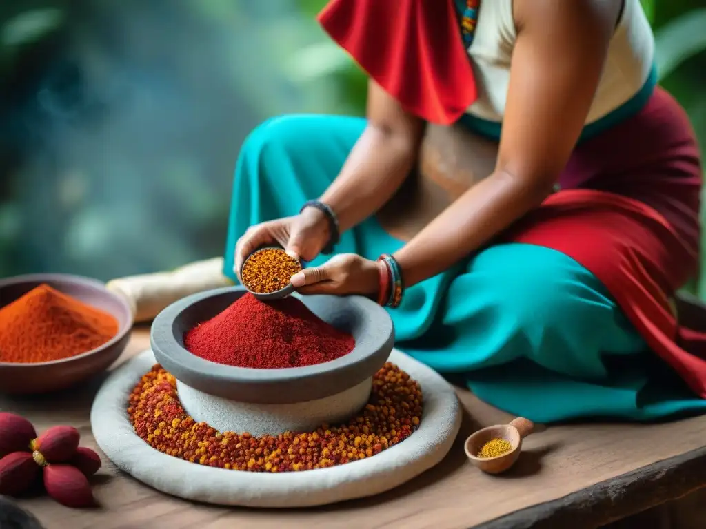 Una mujer maya tradicional muele semillas de achiote en un metate, resaltando la técnica ancestral y el colorido del achiote en la cultura maya