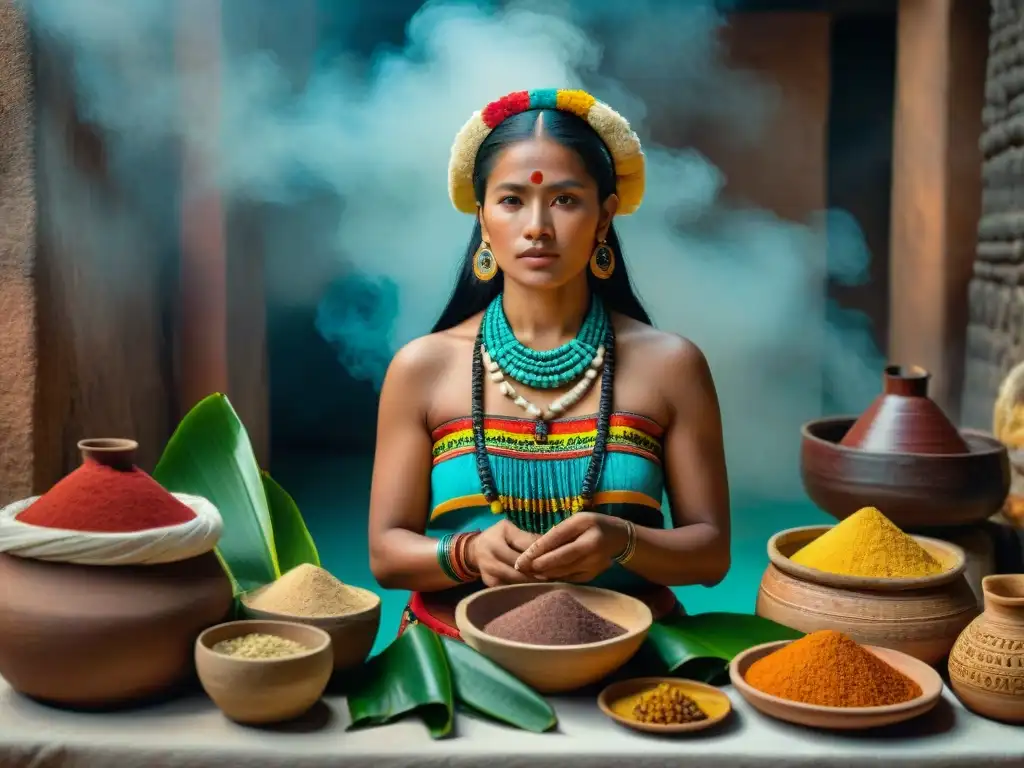 Una mujer maya tradicional demostrando técnicas de fermentación de alimentos con utensilios y ingredientes, resaltando la cultura maya