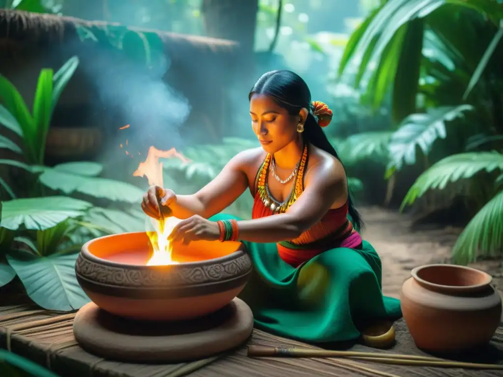 Una mujer maya tradicional prepara vasija para fermentar bebida ancestral en la selva