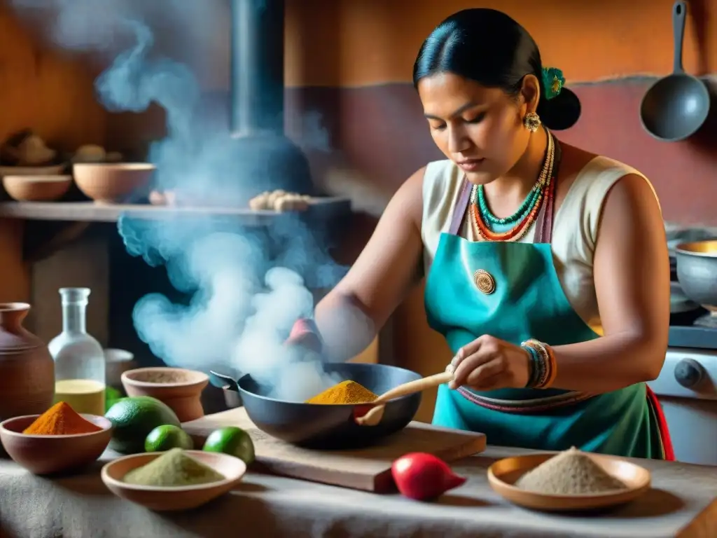 Una mujer maya en traje tradicional preparando una receta ancestral maya en una cocina rústica